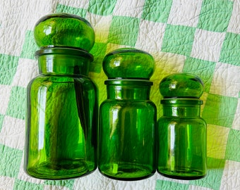 Vintage Green Art Glass Bubble Apothecary Jars Set of 3 Boho Kitchen Decor