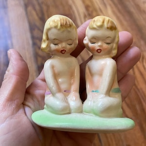 Vintage Ucago Japan  Hand Painted Rare HTF Pixie Angel Girl Shakers Lid To Swan