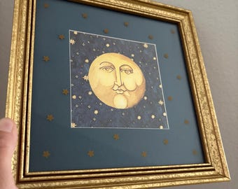 Lámina artística vintage de los 90, diseño de la Luna Celestial, de Marybeth Zietz, con marco dorado.