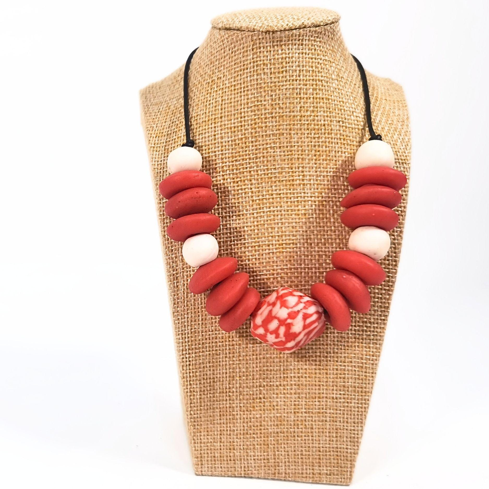 Red Bead Necklace, Handmade Ghanaian Beads, Chunky Statement Jewellery, Boho Gift for her