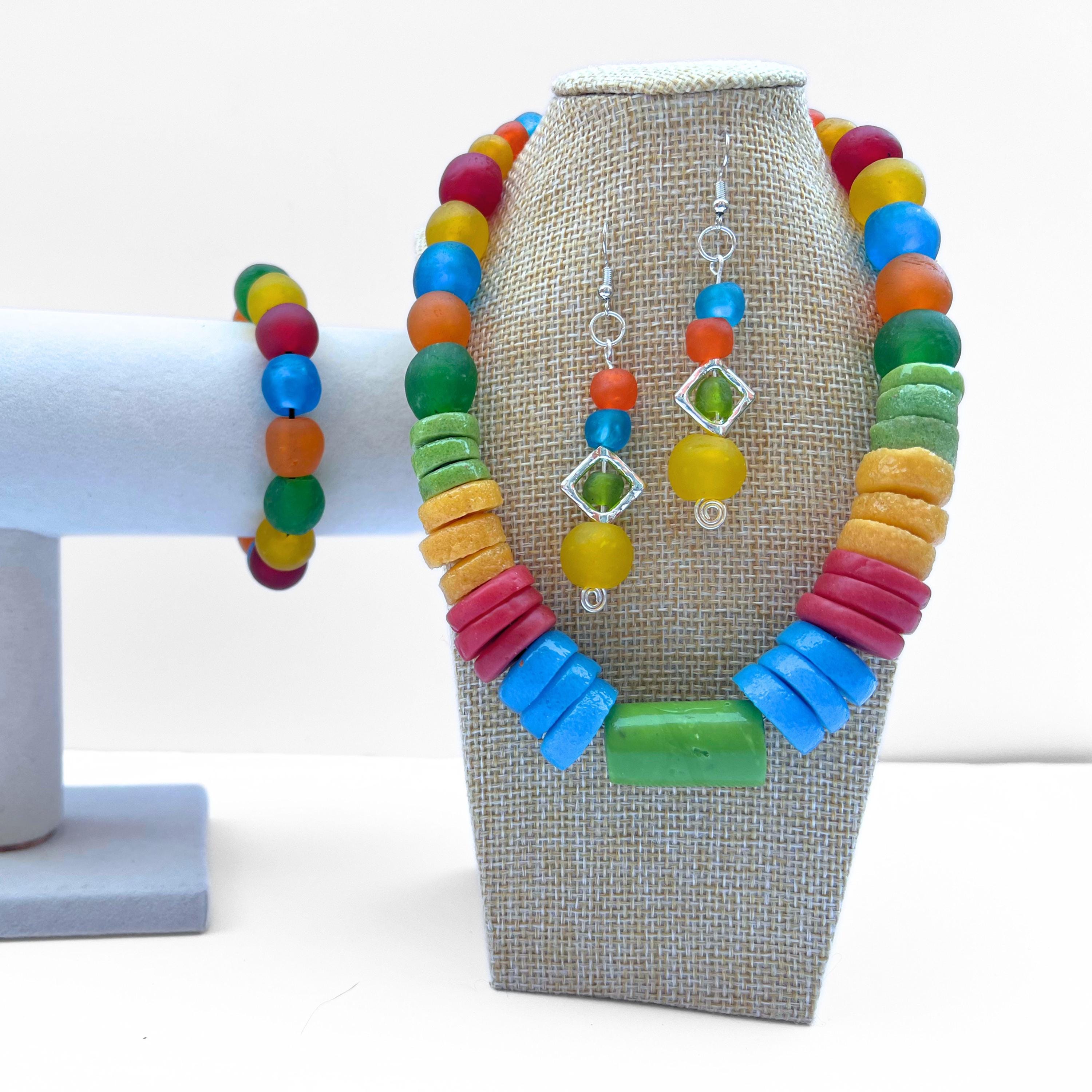 Rainbow Recycled Glass Bead Jewellery Set: Choker necklace, elasticated bracelet, dangly bead earrings.