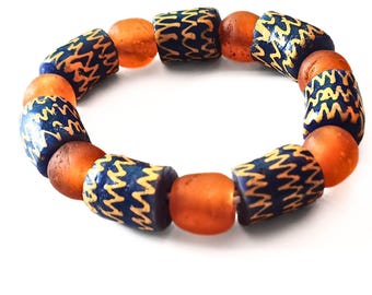Pulsera de cuentas gruesas hecha con cuentas de vidrio reciclado africano, accesorios unisex de colores