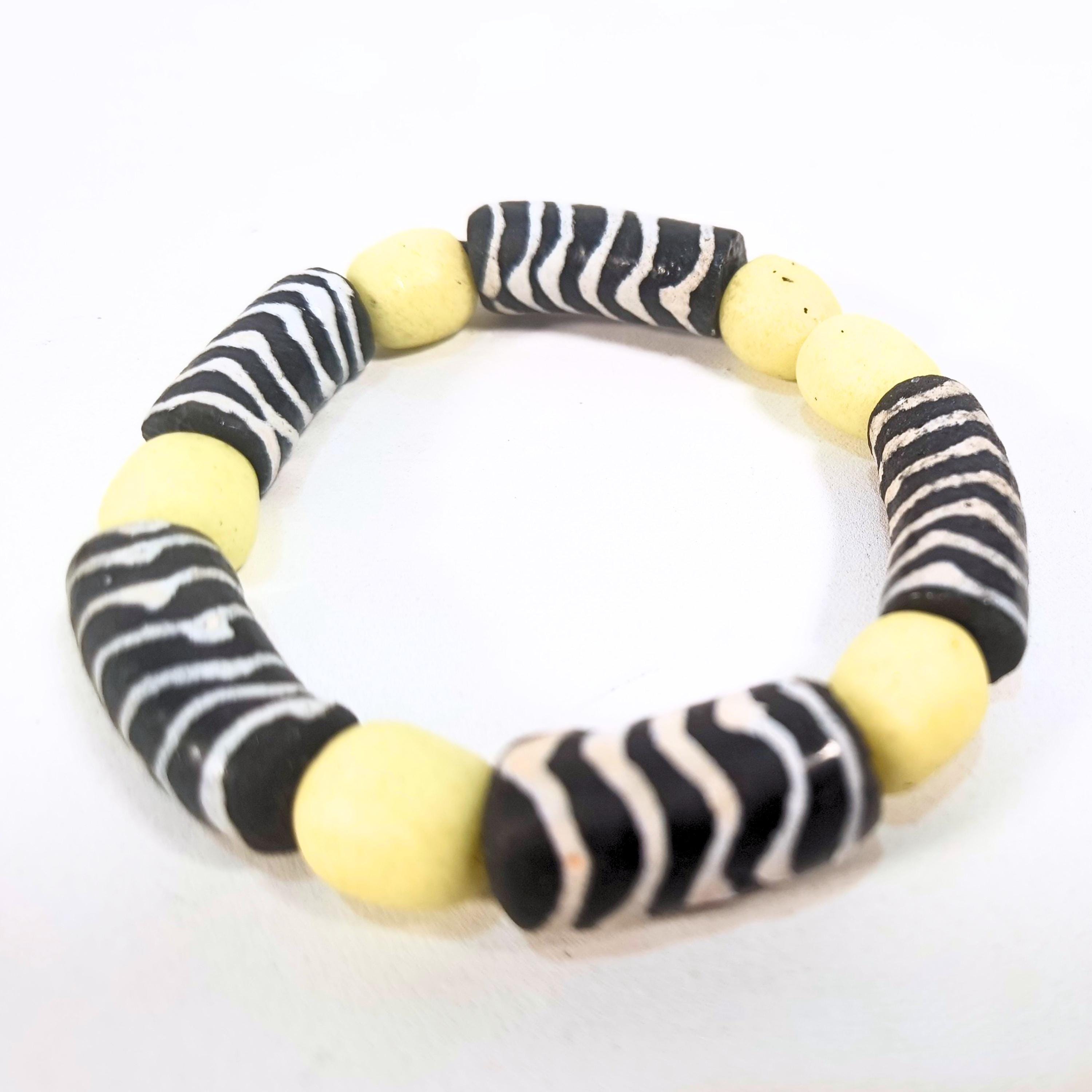 Zebra Bracelet made from African Recycled Glass Beads from Ghana, Stripey pattern, Boho style