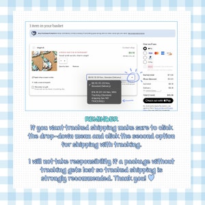 May include: A screenshot of an Etsy shop checkout page with a reminder to select tracked shipping. The reminder text reads: "If you want tracked shipping make sure to click the drop-down menu and click the second option for shipping with tracking. I will not take responsibility if a package without tracking gets lost so tracked shipping is strongly recommended. Thank you!"