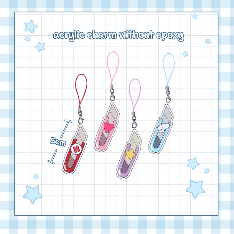 May include: Four acrylic charms shaped like utility knives, each with a different design and color scheme. The charms are attached to colored lanyards. The text "acrylic charm without epoxy" is at the top. The measurement of 5cm is shown.