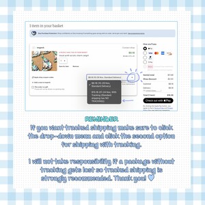 May include: Screenshot of an Etsy shopping cart with a vocal synth acrylic charm catgirl. The cart shows the item's price, delivery options, and payment methods. A reminder about tracked shipping is also visible.
