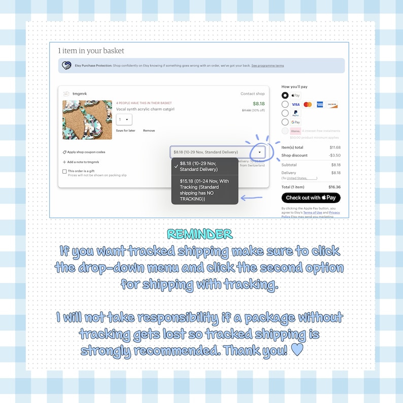 May include: Screenshot of an Etsy shopping cart with a vocal synth acrylic charm catgirl. The cart shows the item's price, delivery options, and payment methods. A reminder about tracked shipping is also visible.