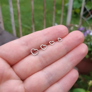 Tiny minimal silver open heart stud earrings. 4mm, 5mm, 6mm, 7mm. Set of 2, 3, 4. Handmade everyday minimalist jewelry.