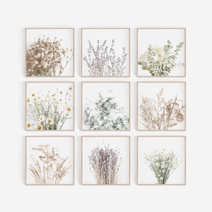Bauernhaus, Digitaldrucke, 9er Set Drucke, quadratische Drucke, Bauernhaus Drucke, botanische Wandkunst, Eukalyptus, Lavendel, Kamille, Wanddekor