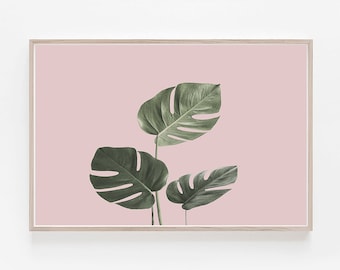 Monstera Print, Impresión digital, Impresión DIY, Impresión de hojas, Arte de pared imprimible, Arte de pared rosa, Impresión, Impresión de arte de pared, Descarga digital, Arte rosa