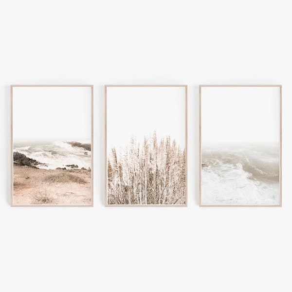 Set of 3 Prints, DIGITAL Prints, Wall Art, Coastal Art Prints, Pampas Print, Printable Wall Art, Beach Prints, Beach Wall Art, Poster Prints