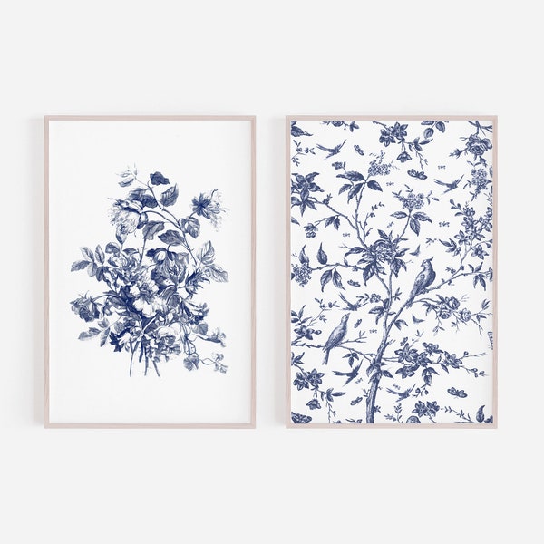 French Blue Wall Art, Drawing, Floral, French Toile, Botanical, Birds, Vintage, Wall Art, Digital Print, Prints, Wall Art, Set of 2, Flowers