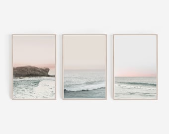Beach Prints,Beach Wall Art,Cliff Print,Coastal Print,Ocean Print,Wave Print,Pink Wall Art,Set of 3 Prints,Print Set,Wall Art Gallery,Prints