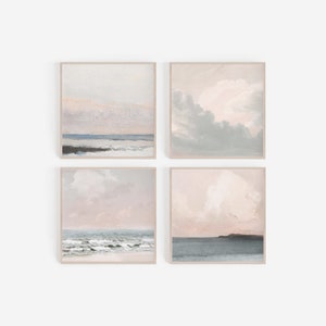 Dreamy, Pastel Sunset, Paintings, Digital Prints, Sunset Sky, Set of 4 Prints, Square Prints, Pink, Wall Art, Beach Prints, Coastal Wall Art