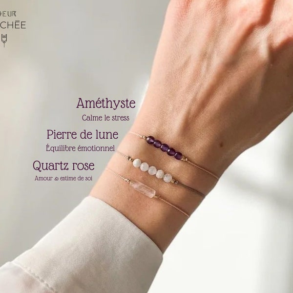 Bracelet anti-stress fil de soie - Améthyste- Pierre de lune- Quartz rose -