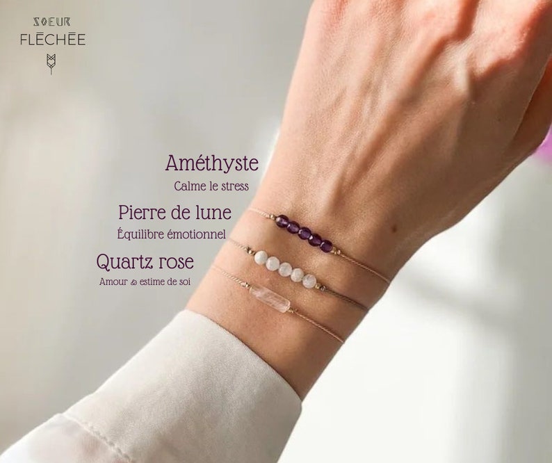 Bracelet anti-stress fil de soie Améthyste Pierre de lune Quartz rose image 1