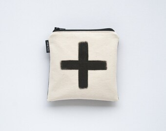 Square canvas zipper pouch, coin purse, wallet - cotton, plus sign, first aid, medication, modern, monochrome, minimal, black and white