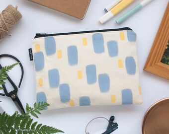 Canvas zipper pouch pencil case - blue, yellow, pastel, handpainted, modern, abstract, minimal, scandinavian, sturdy, original, 100% cotton