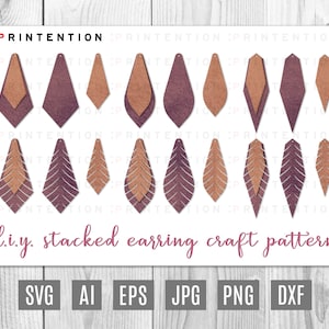 Stacked Earring SVG Cut File - Original Feather Leaf Craft Template - Instant Vector Download - Circuit Silhouette