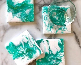 Aqua and Gold Hand Painted Ceramic Drink Coasters - Set of Four - Cork Backing - Glossy Finish