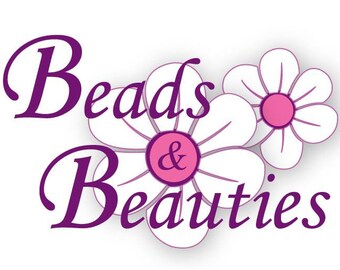 May include: Purple text reads "Beads & Beauties" with two white flowers with pink centers.