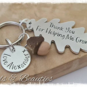 Oak Leaf and Acorn Teacher Gift, Personalised Teacher Present, TA, Nursery, Classroom Assistant, Thank You For Helping Me Grow, Handstamped.