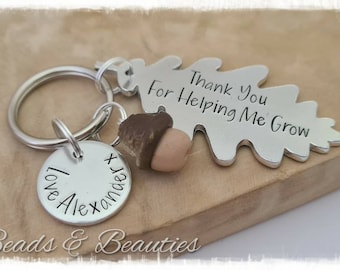 Oak Leaf and Acorn Teacher Gift, Personalised Teacher Present, TA, Nursery, Classroom Assistant, Thank You For Helping Me Grow, Handstamped.