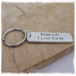 Handstamped Keyring, Drive Safe, I Love You, can be personalised, great for loved ones or family.