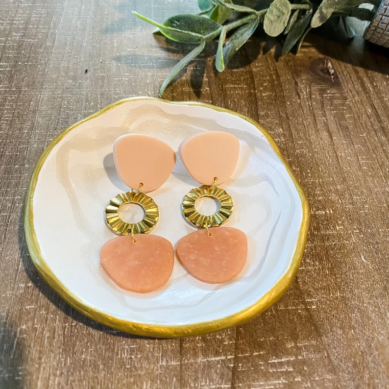 Tan and Peach Brass Charm Polymer Clay Statement Earring