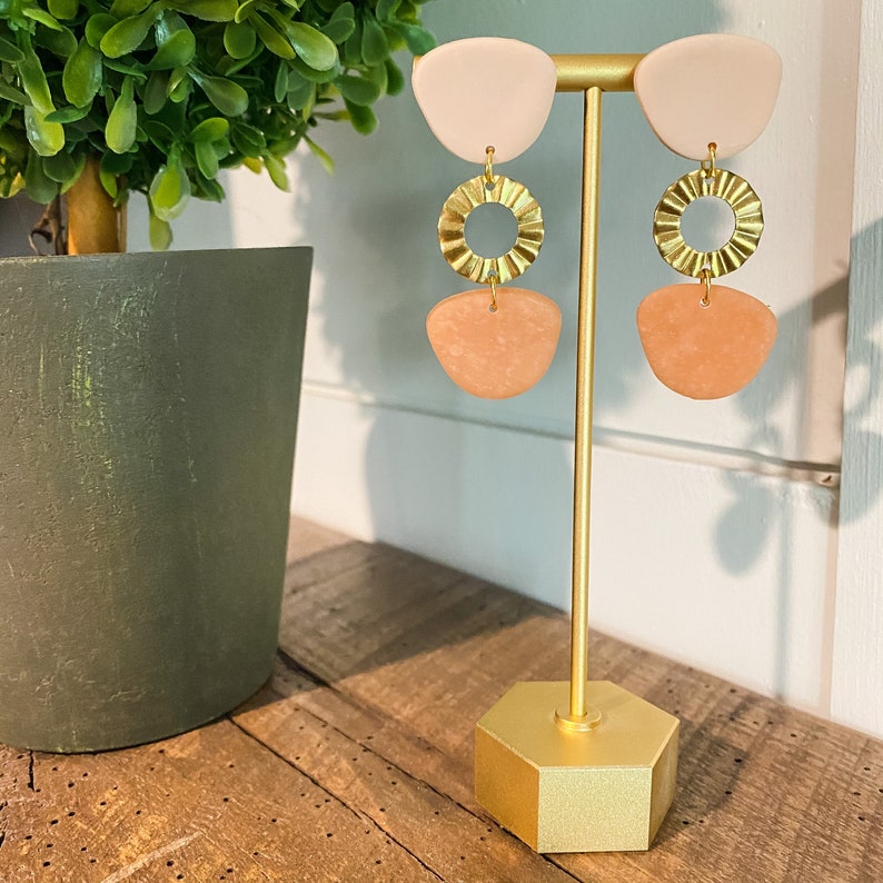 Tan and Peach Brass Charm Polymer Clay Statement Earring