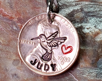 HUMMINGBIRD with heart / Hummingbird gift / Hand-stamped PERSONALIZED  Penny Key Ring Your Choice of Date 1959 through 2025