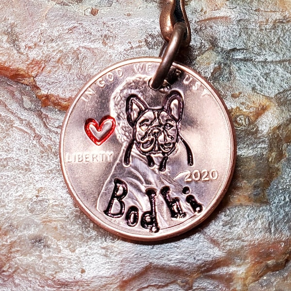 FRENCH Bulldog / with heart / Frenchie/ Frenchie gift / PERSONALIZED Hand-stamped Penny Key Ring Your Choice of Date 1959 through 2024