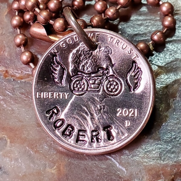 MOTORCYCLE, Bike,  Personalized MEMORIAL Angel wings - Loss - Penny Hand-stamped NECKLACE Date 1959-2024