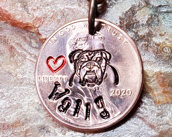 ENGLISH BULLDOG / with heart / English Bulldog Gift / Personalized Hand-stamped Penny Key Ring Your Choice of Date 1959 through 2025