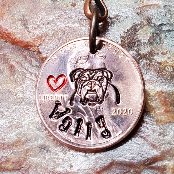 ENGLISH BULLDOG / with heart / English Bulldog Gift / Personalized Hand-stamped Penny Key Ring Your Choice of Date 1959 through 2024