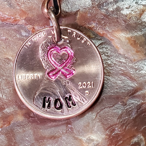 Pink RIBBON, Breast Cancer Pink Ribbon, Breast cancer awareness, Personalized Penny key ring / key chain Choice of Dates 1959 through 2024