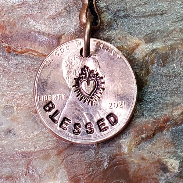 SACRED HEART, Catholic, Religious Hand-Stamped PERSONALIZED Penny Key chain, key ring - choice of 1959 - 2024