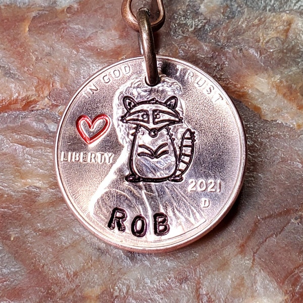 RACCOON, Raccoon with heart, Raccoon Gift, PERSONALIZED Penny Key chain Keyring  Dates available 1959 through 2024