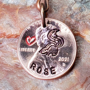 SKUNK with heart Key Ring, Skunk Gift, PERSONALIZED Penny Key chain Keyring  Dates available 1959 through 2025