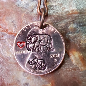ELEPHANT mother and Baby / Elephants with heart / Elephant gift /  Penny key ring Choice of Dates 1959 through 2024