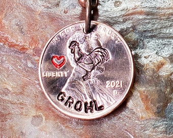 ROOSTER / With Heart / Rooster Gift / Penny PERSONALIZED key ring Choice of Dates 1959 through 2025