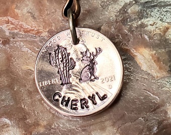 JACKALOPE Rabbit / Jackalope with Cactus / Hand-stamped PERSONALIZED  Penny Key Ring / key chain Your Choice of Date 1959 through 2024