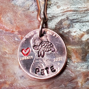 TORTOISE / TURTLE with Heart / Tortoise Gift / PERSONALIZED Penny Key chain Keyring  /  dates available 1959 through 2024