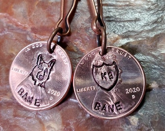 K9 POLICE Dog / German Shepherd / Belgian Malinois / K9 Officer / K9 Unit / PERSONALIZED Hand-stamped Penny key Ring Dates 1959 through 2024
