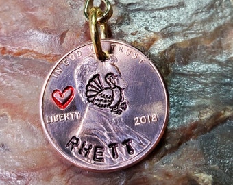 TURKEY with red heart / Turkey Gift / Penny PERSONALIZED key ring Choice of Dates 1959 through 2025