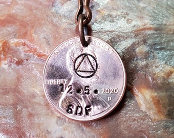 SOBRIETY Symbol - Sober - Sobriety Gift - Addiction Recovery Penny PERSONALIZED  - KEYCHAIN key ring Choice of Dates 1959 through 2025