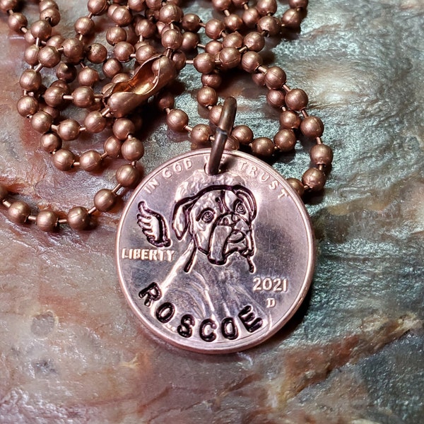 BOXER dog / Boxer gift / Personalized MEMORIAL Angel wing - Loss - Penny Necklace Date 1959-2024