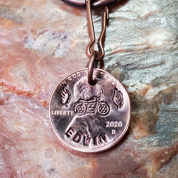 MOTORCYCLE Personalized MEMORIAL Angel wings - Loss - Hand-Stamped Penny Key Ring Date 1959-2024