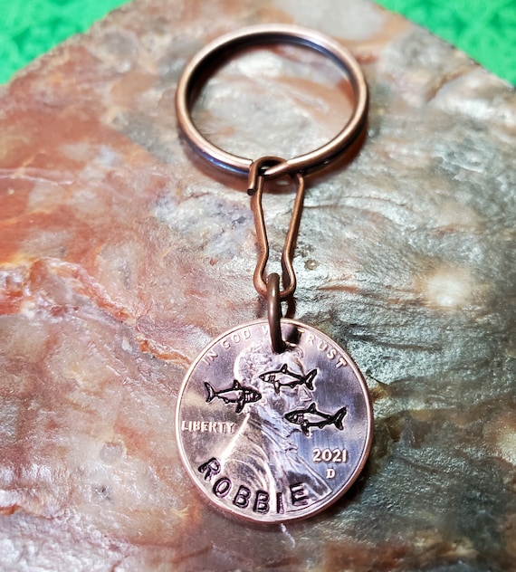 SHARK / Great White Shark / Shark Gift / PERSONALIZED Penny Key chain Keyring  Dates available 1959 through 2025 Style 1