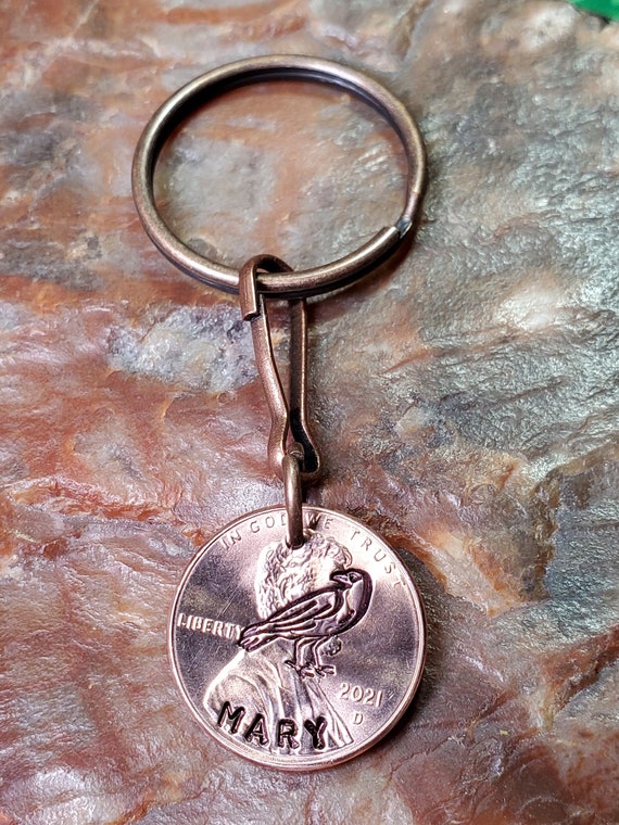 RAVEN / Crow / Raven Gift / Hand-stamped PERSONALIZED  Penny Key Ring Your Choice of Date 1959 through 2025